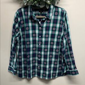 NWT Talbots Classic Cotton Snowflake Jacquard Plaid Button Down Shirt XL Petite